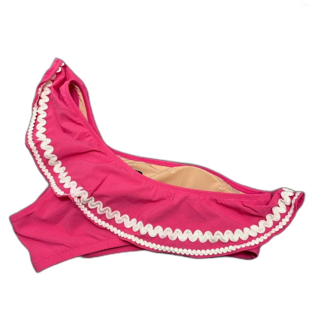 J. Crew‎ Hot Pink One Shoulder Bikini Top Rickrack Trim Ruffle Summer Size Small